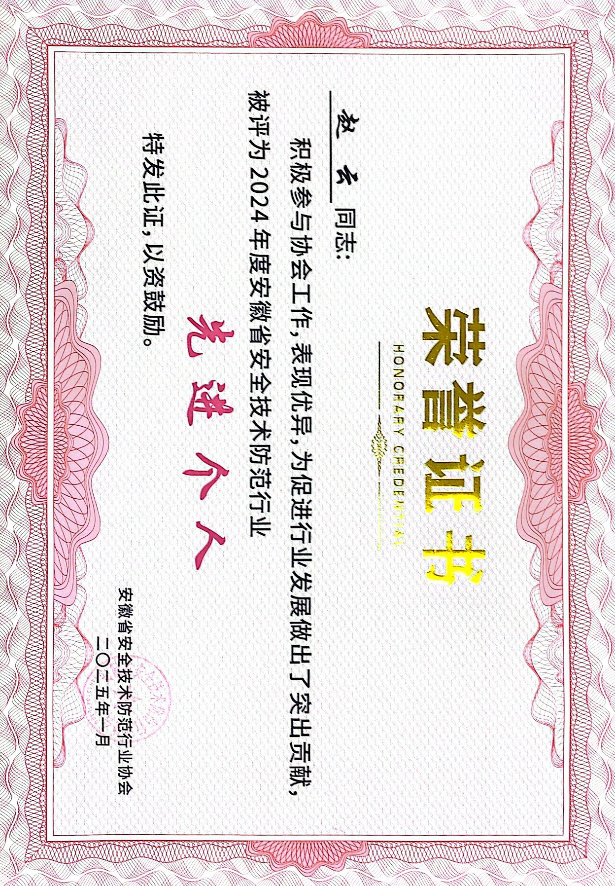 2024年度安徽省安防协会先进个人（赵云）